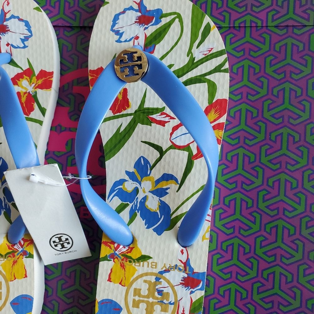 💕 NWT Tory Burch Iris blue painted floral turquoise flip flops logo gold - Picture 3 of 5